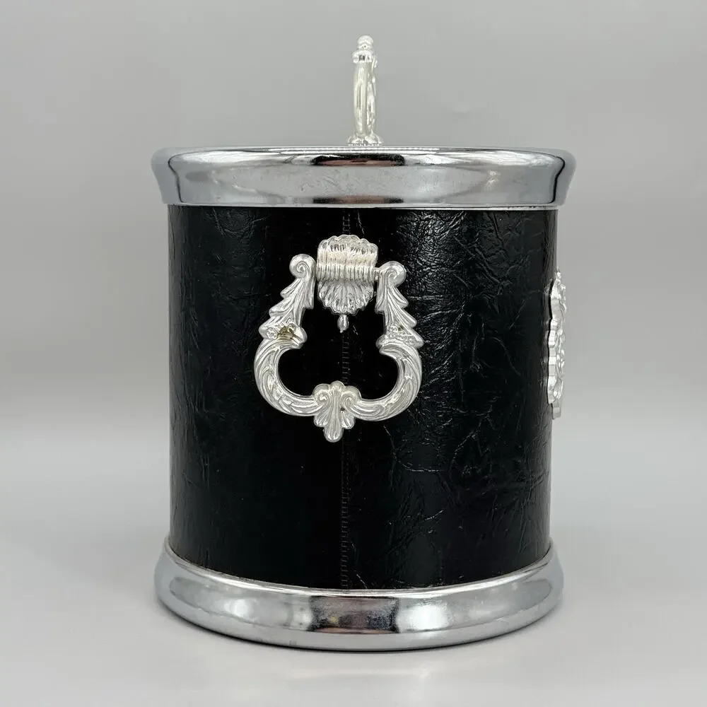 Hong Kong MCM Vintage Black Vinyl and Silver Ice Bucket W/Crest Design